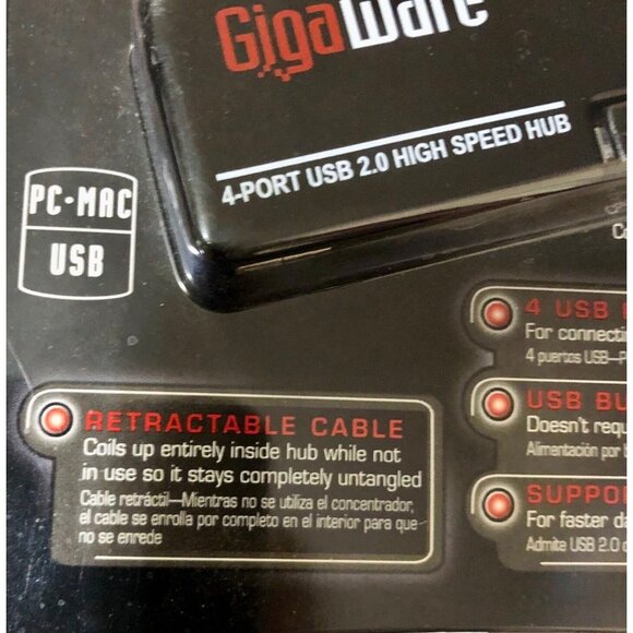 Gigaware 4-Port USB 2.0 Travel Hub with Retractable Cable Used - Picture 4 of 8